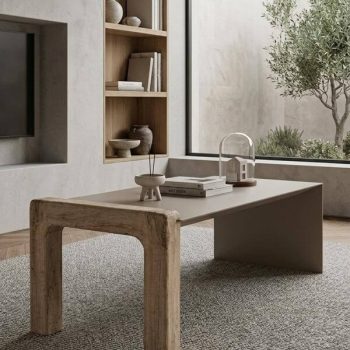 שולחן סלון מעוצב משטח ברזל דק ורגל עץ מלא מגולפת בעבודת יד 120x50 ס"מ